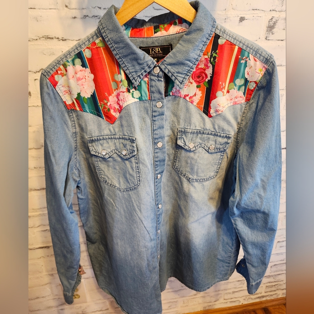 Lucky & Blessed Floral Denim Button-Up Shirt